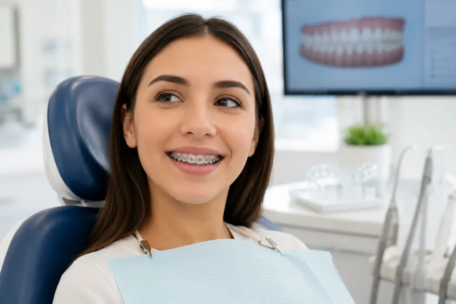 Paciente sonriendo con ortodoncia en Dentistas Terán Monterrey
