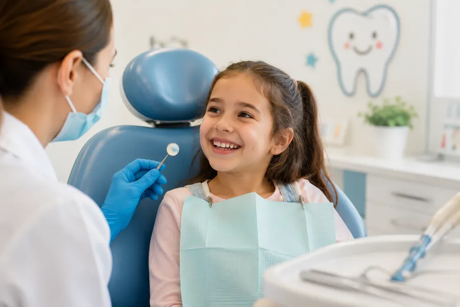 Odontopediatra atendiendo a una niña en Dentistas Terán