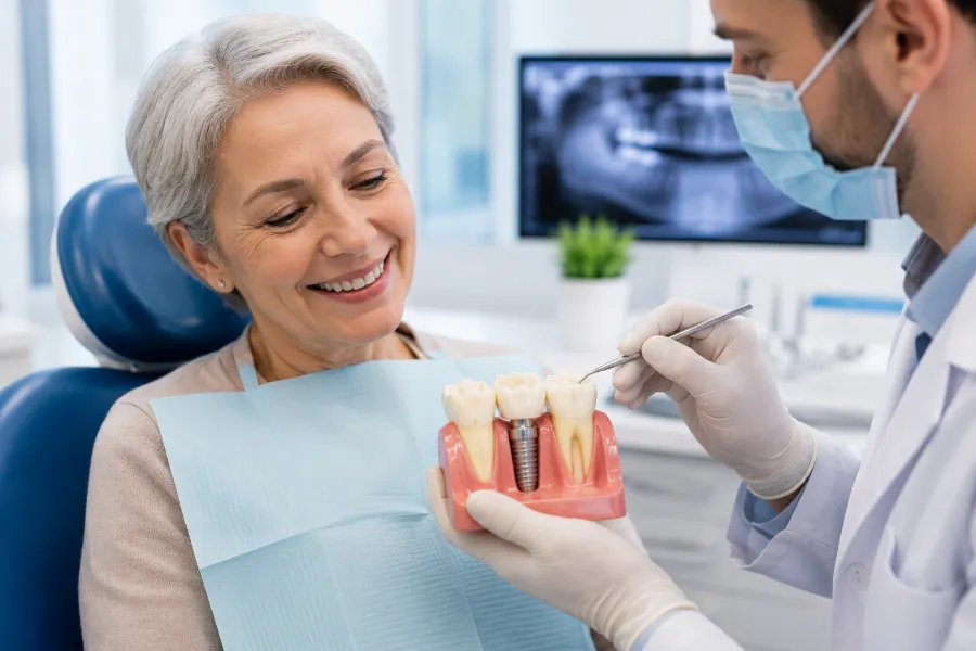 Especialista explicando un implante dental a una paciente