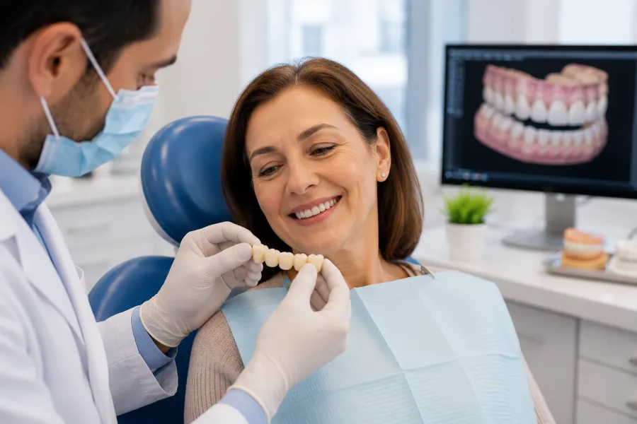 Paciente revisando su prótesis dental con la especialista